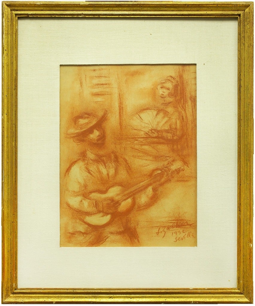 Sanguine red chalk drawing of a 1930's guitar serenade in Sevilla, Spain.