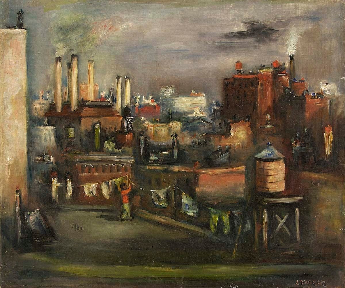Jacques (Jakub) Zucker Landscape Painting - WPA Expressionist Painting of Industrial New York City Rooftop Landscape