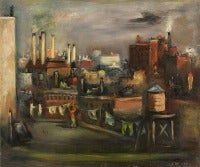 WPA Expressionist Painting of Industrial New York City Rooftop Landscape