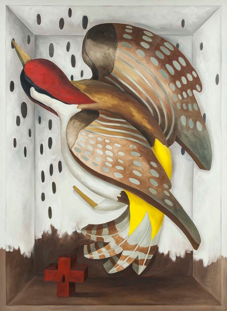 Cheryl Laemmle Still-Life Painting - Woodpecker Ensconced from Decoy Series