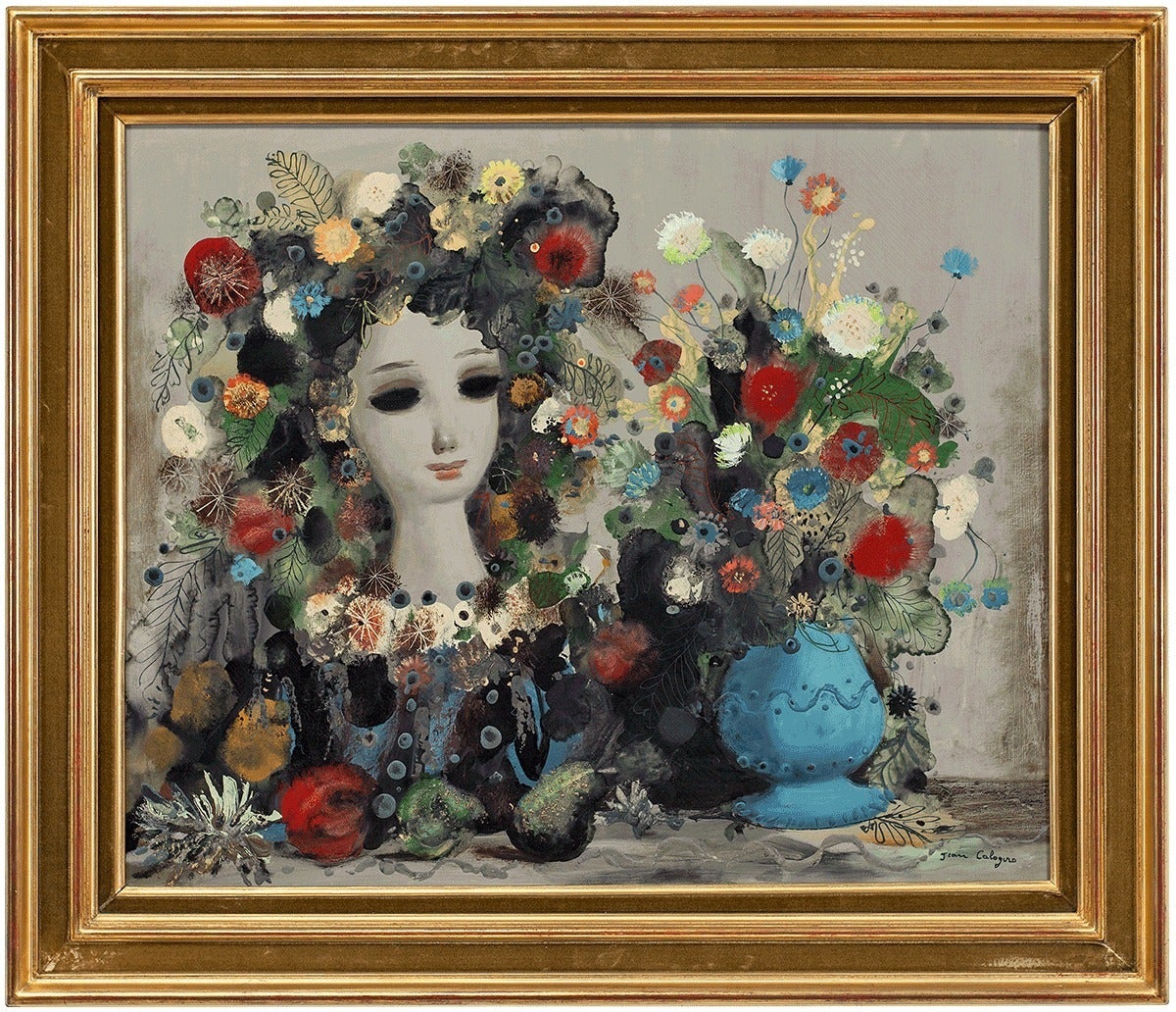 Jean Calogero Figurative Painting - "Pomone" Surrealist Portrait with Flowers and Fruits