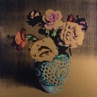 ROSES AND POPPIES IN SPOTTED VASE