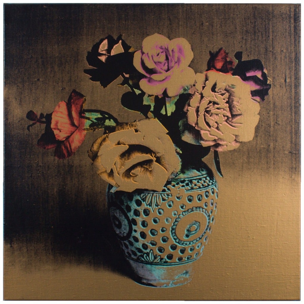 ROSES AND POPPIES IN SPOTTED VASE