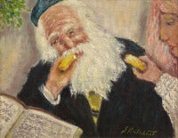 THE RABBI EATS A BLINTZ WHILST SERVED ANOTHER