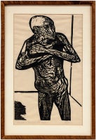 "Frightened and Terrified Old Man" Framed Woodcut Signed