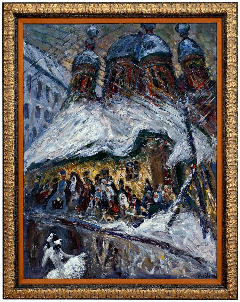 Genre: Expressionist
Subject: People, Odessa, Russia, Shtetl
Dimensions: 52" x 40" x 3/4"
Dimensions w/Frame: 60 1/4" x 48 1/2" x 2"

Ilya Shenker has exhibited works all over the World, and held numerous shows here in the United States. He also has