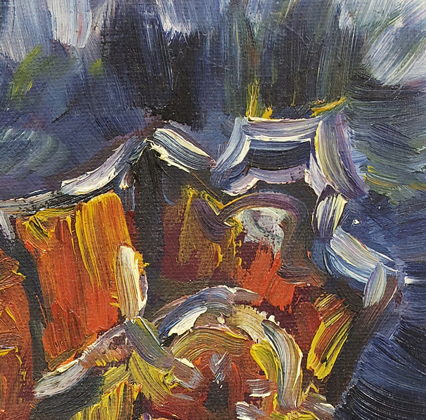 Extremely colorful and expressive painting of an immigrant synagogue in the Kensington neighborhood of Toronto.