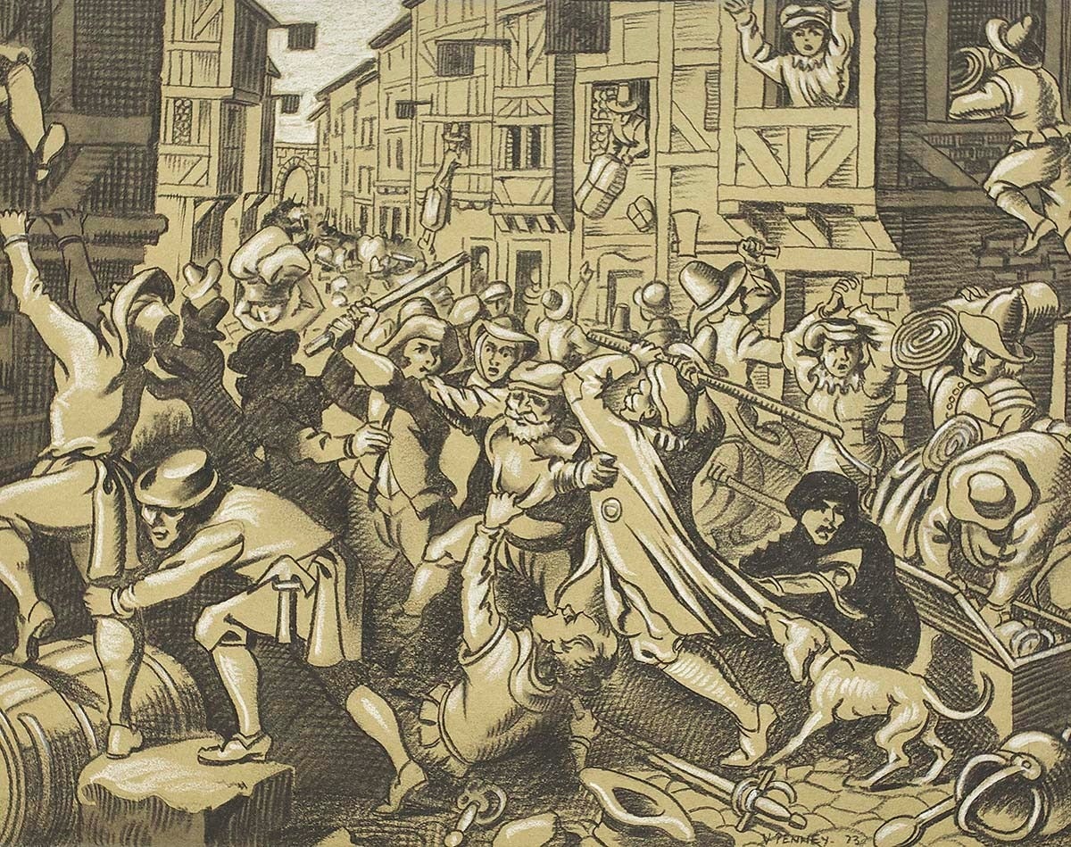 Victor E. Penney Landscape Art - Chalk and Charcoal Drawing "Plunder at the Jewish Ghetto"