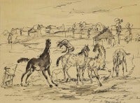 Albert Abramovitz Watercolor and Ink Painting "Untitled" Horses