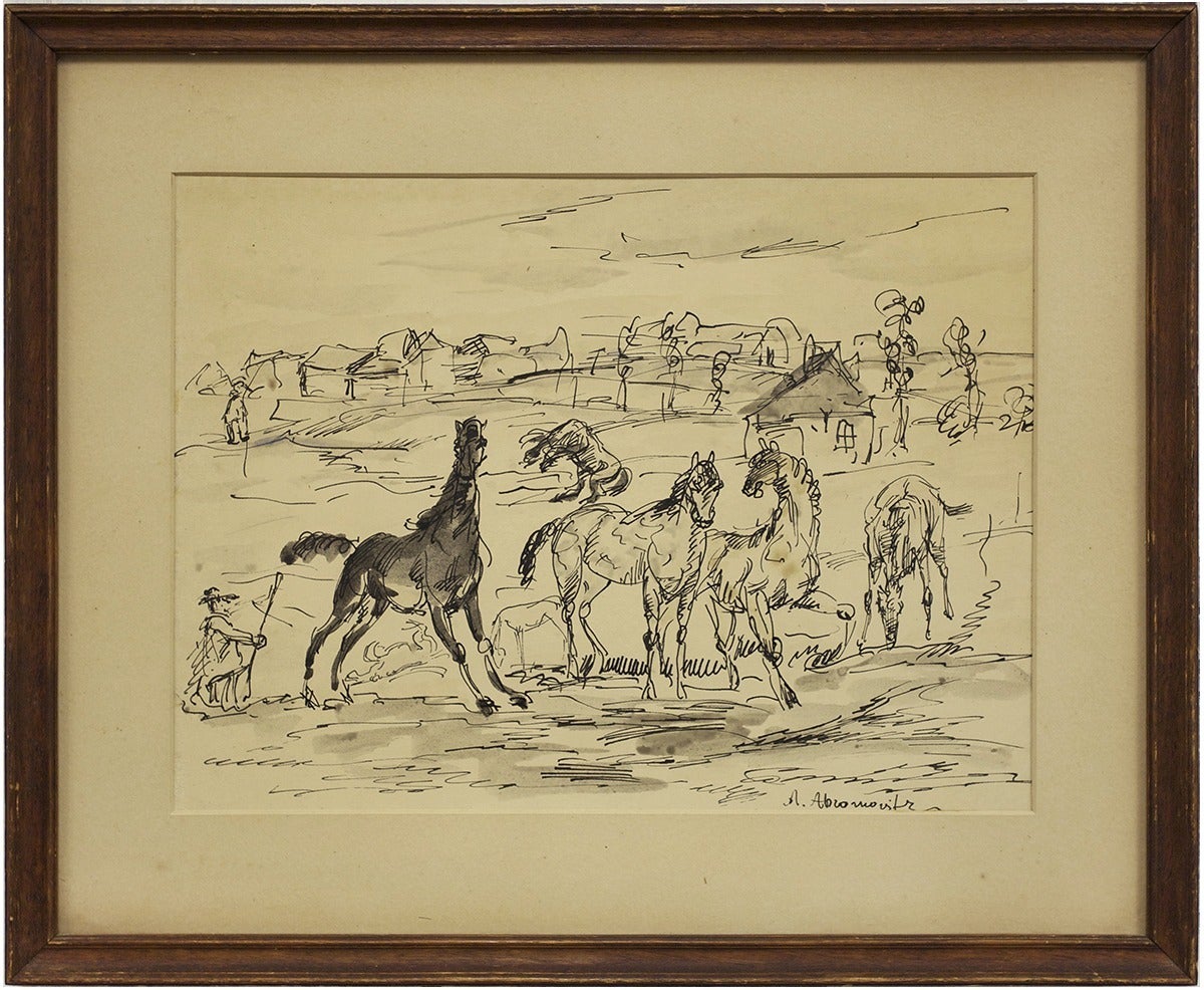 Albert Abramovitz Watercolor and Ink Painting "Untitled" Horses