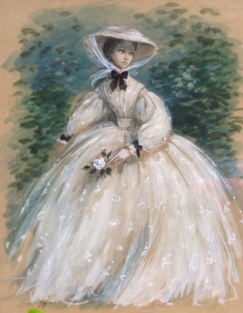 Un disegno in costume di Carl Toms di Vivien Leigh nel ruolo di Marguerite Gauthier nella produzione del 1961-62 di Robert The Helpmann della Lady Of The Camellia's per la Old Vic Company. Questo delizioso schizzo è annotato nell'angolo superiore