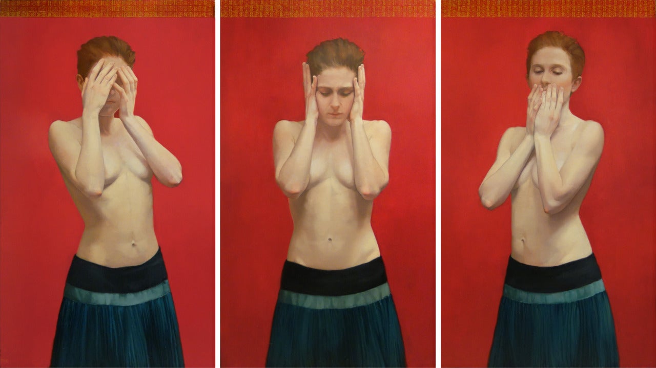 Sharon Sprung Figurative Painting - See No Evil, Hear No Evil, Speak No Evil (Triptych)