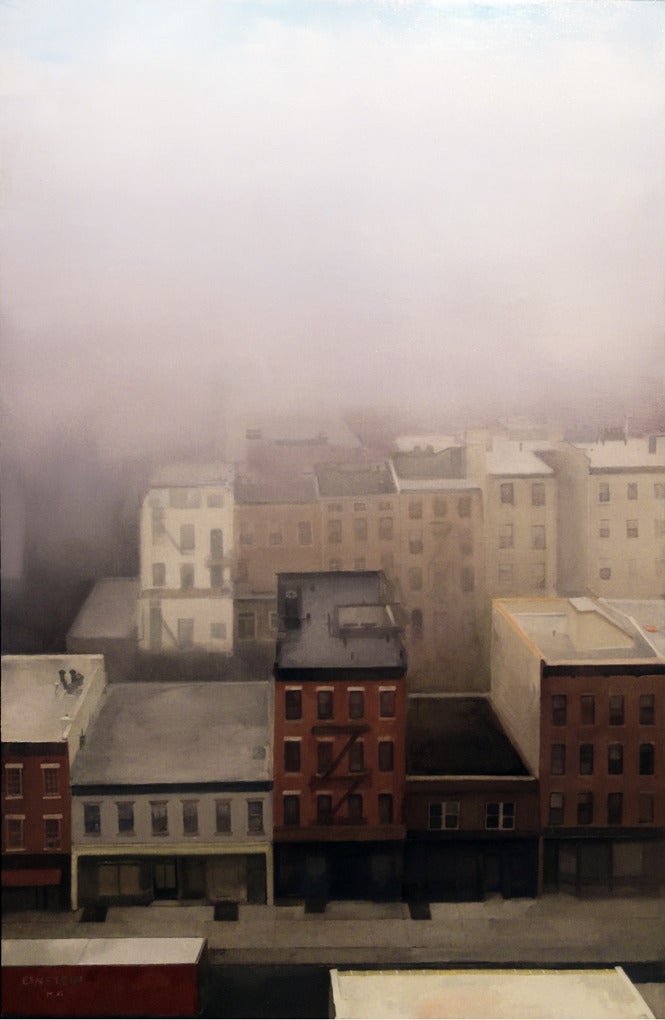 Sharon Sprung Landscape Painting - I USED TO LIVE HERE, clouds over buildings, New York City skyline, apartments 