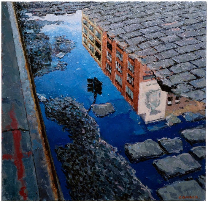 14TH STREET REFLECTION, puddle on cobblestone street, New York City, brick, red - Painting by Richard Combes