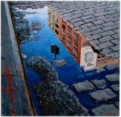 14TH STREET REFLECTION, puddle on cobblestone street, New York City, brick, red