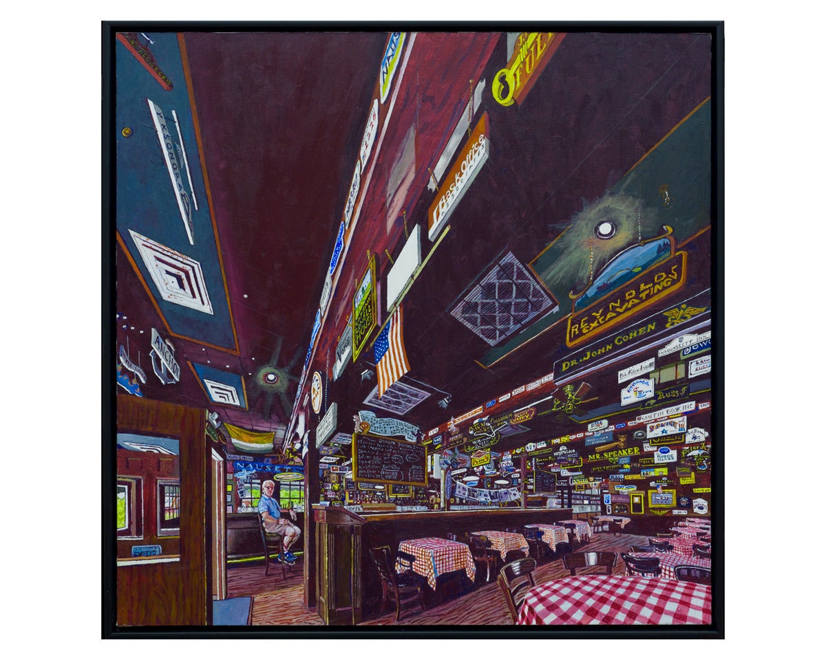 Mel Leipzig Abstract Painting - LAND HO, ORLEANS, decorated restaurant, checkered tablecloth, wooden bar, 