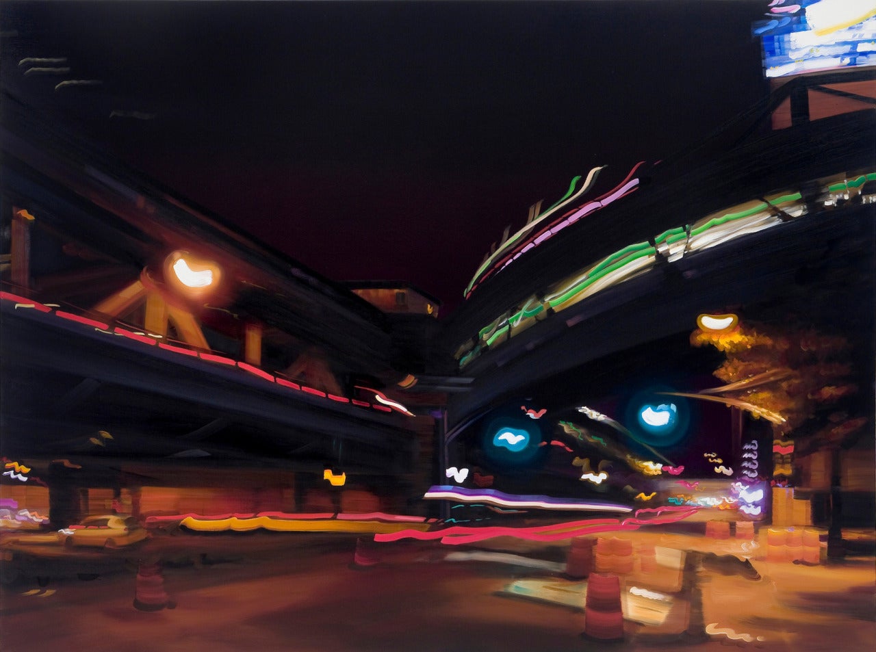 DIVERSE RHYTHM, street lights at night, neon lights, dark street, blurry view  - Painting by Alexandra Pacula
