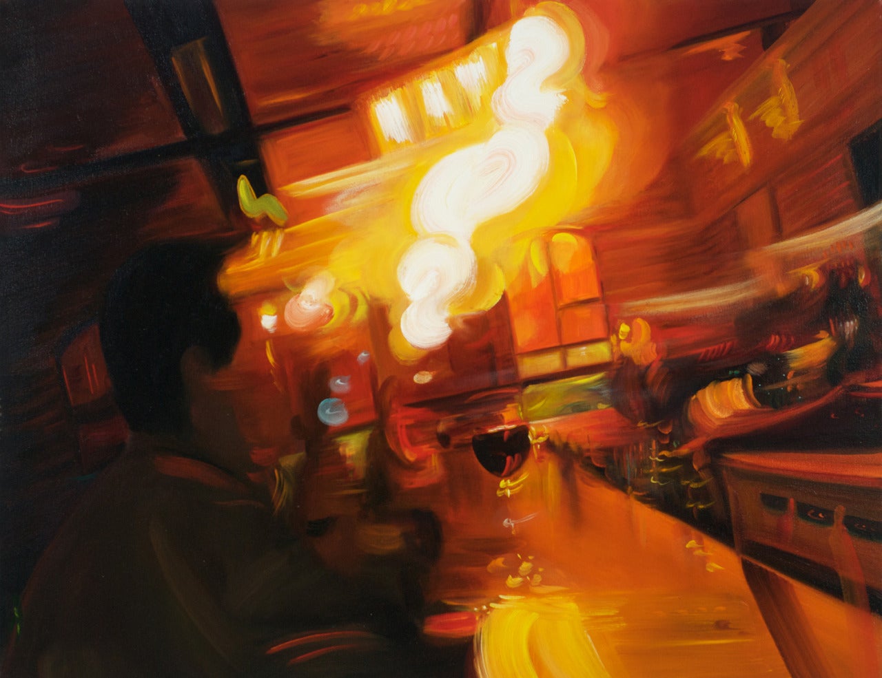 Alexandra Pacula Abstract Painting - MODISH MILIEU, blurred lights, wine glass on bar, warm lighting, seat at bar