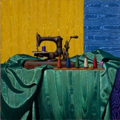 ANTIQUE SEWING MACHINE AND MOIRE, yellow nad blue background, hyper-realist