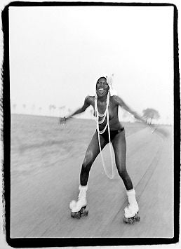 Bruce Laurance Black and White Photograph - Grace Jones at Compo Beach, 1973