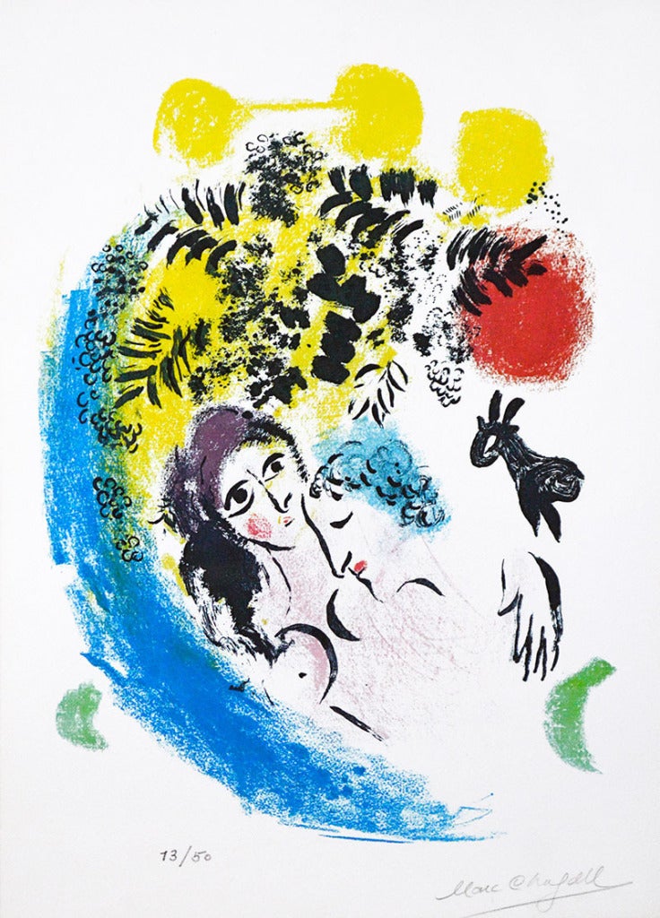 Marc Chagall Figurative Print - Les amoureux au soleil rouge (Lovers with Red Sun)