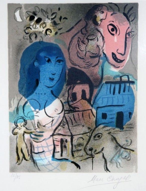Created in 1969, this color lithograph is hand signed by Marc Chagall (Vitebsk, 1887 - Saint-Paul, 1985) in pencil in the lower right margin. Numbered from the edition of 75, this print belongs to the signed edition with wide margins that was