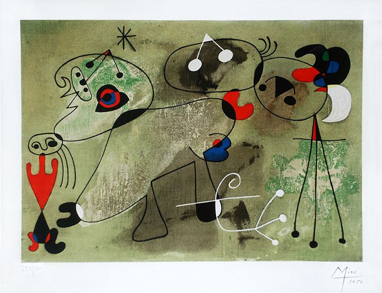 Joan Miró Abstract Print - Untitled Woman and Dog from the series of paintings known as 'Slow Paintings'