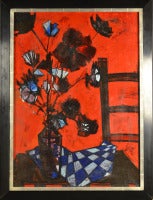 Fleurs Sur Mur Rouge,  Mid Century Modern