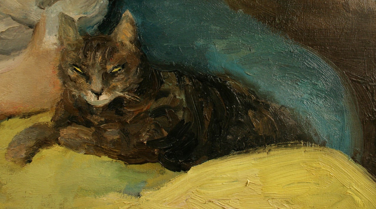 Claudine with Cat - Painting by Marcel Dyf