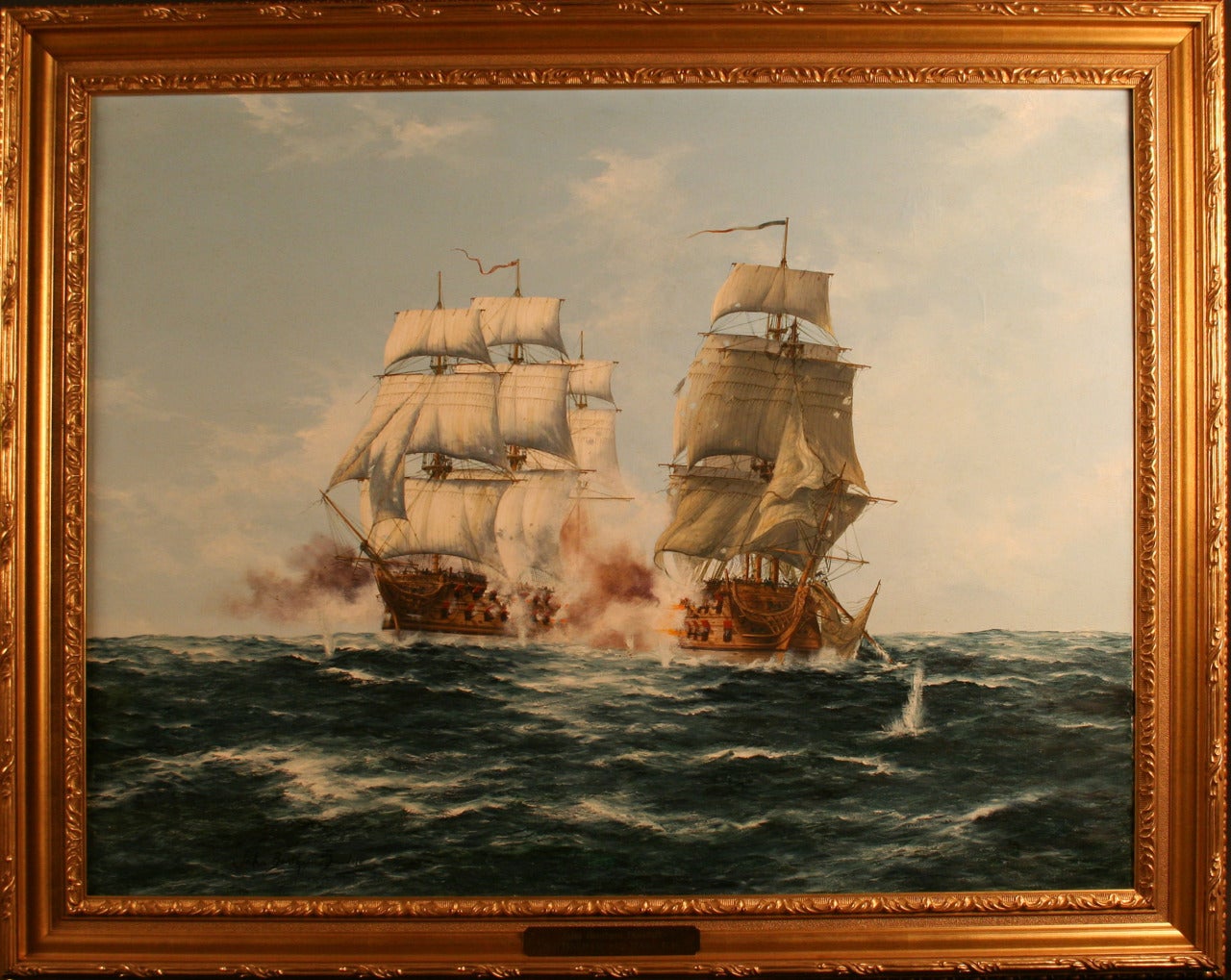 Fighting ships, Nottingham and Mars, 1746 - Painting by John Bentham-Dinsdale
