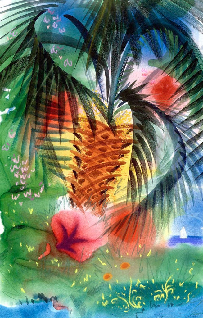 Virginia Berresford Landscape Painting - Palm Tree and Boat
