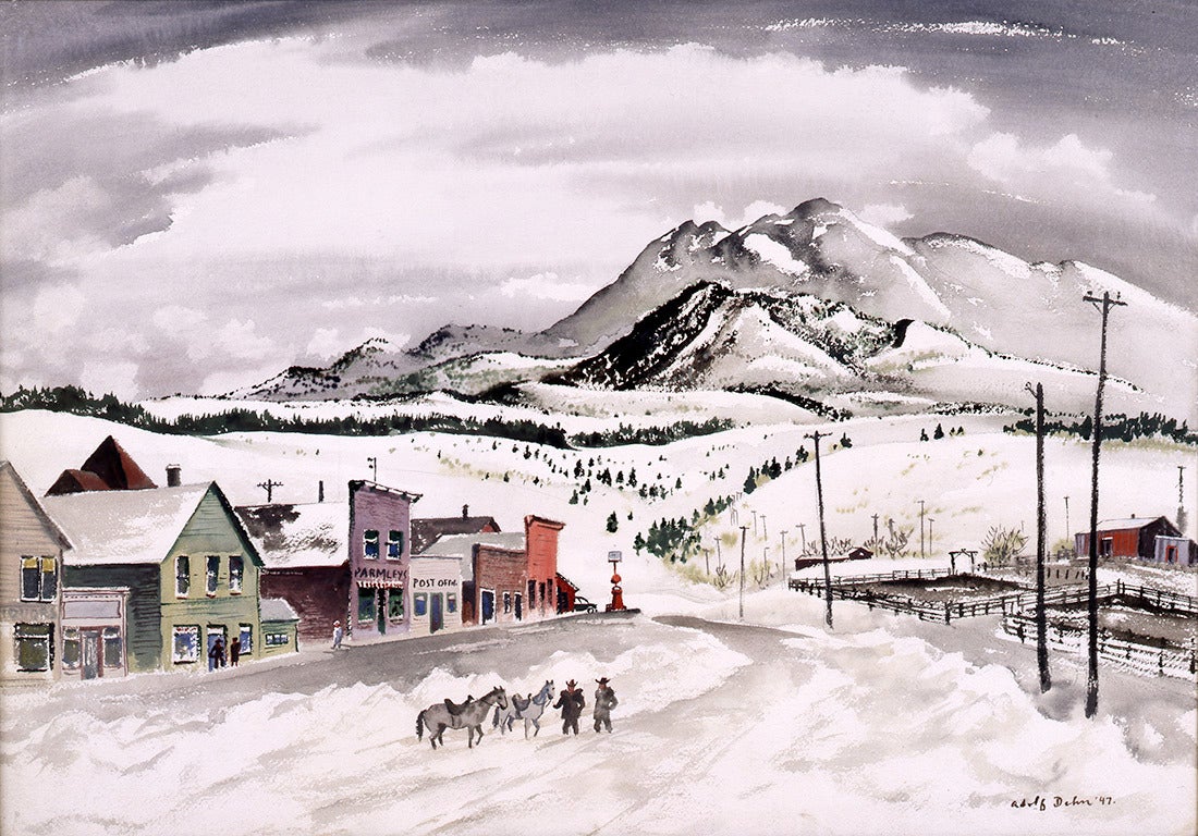 Adolf Arthur Dehn Landscape Painting - Mining Town, Winter, Colorado