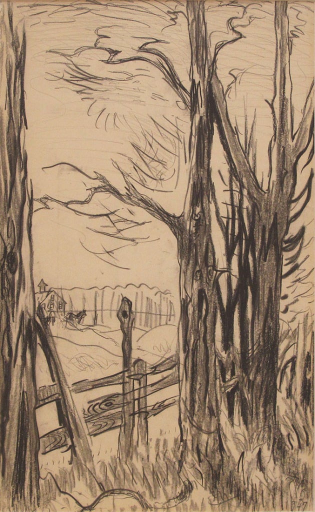 Charles E. Burchfield Landscape Painting - Fence and Locust Tree