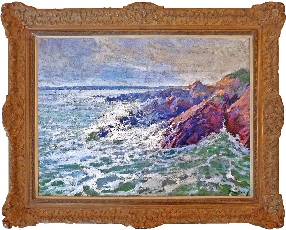 Vista de los acantilados de Douarnenez en Bretaña, pintura de paisaje marino - Painting de Paul Madeline