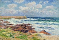 Mole and the lighthouse of Audierne, Brittany. Marine landscape painting.