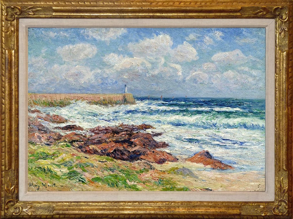 Mole and the lighthouse of Audierne, Brittany. Marine landscape painting. - Painting by Henry Moret