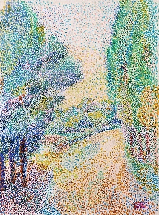 Hippolyte Petitjean Landscape Painting - Ruelle bordée d'arbres. Early neo-impressionist work of Pointillism.