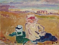 Mother and child on the beach. Certified and cat. raisonné listed painting