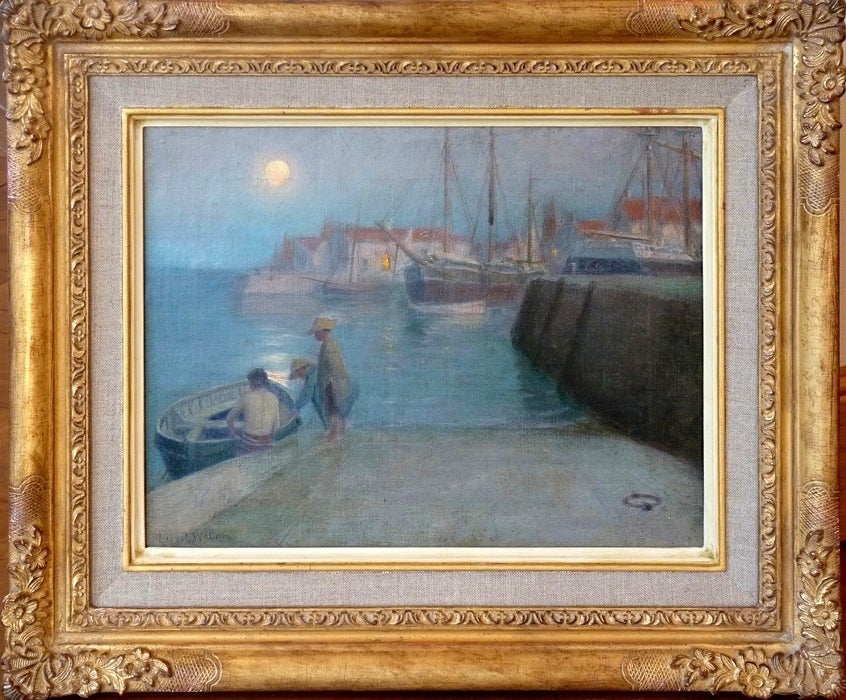 Brittany port by moonlight by american artist working in France