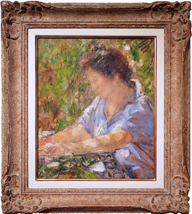 Joseph Lamberton Portrait Painting - Woman Reading. Portrait in a Garden. French Post-impressionist Painting.