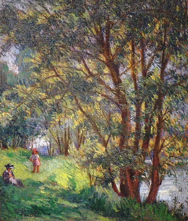 Leisure at river Marne near Meaux, by french post-impressionist artist Pinal - Painting by Fernand Pinal