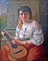 Italian Girl playing Guitar. German academic Romanticism genre painting