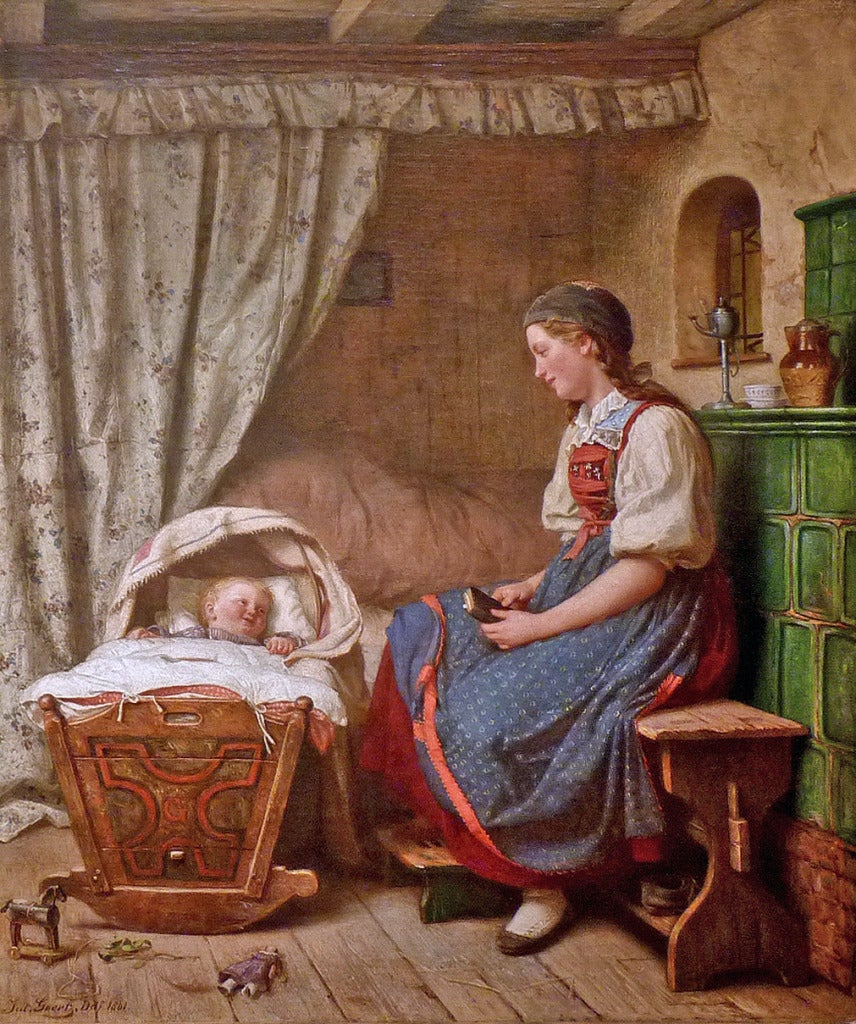 Mother with infant. German academic Romanticism genre painting by Julius Geertz For Sale 1