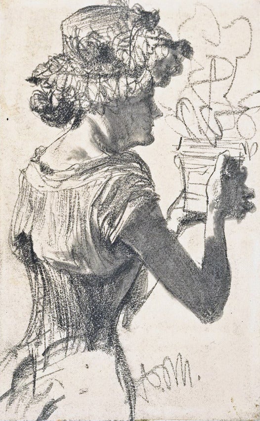 Adolf von Menzel Figurative Art - Woman holding a flower pot. Pencil drawing by Adolph von Menzel