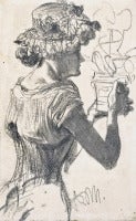 Woman holding a flower pot. Pencil drawing by Adolph von Menzel