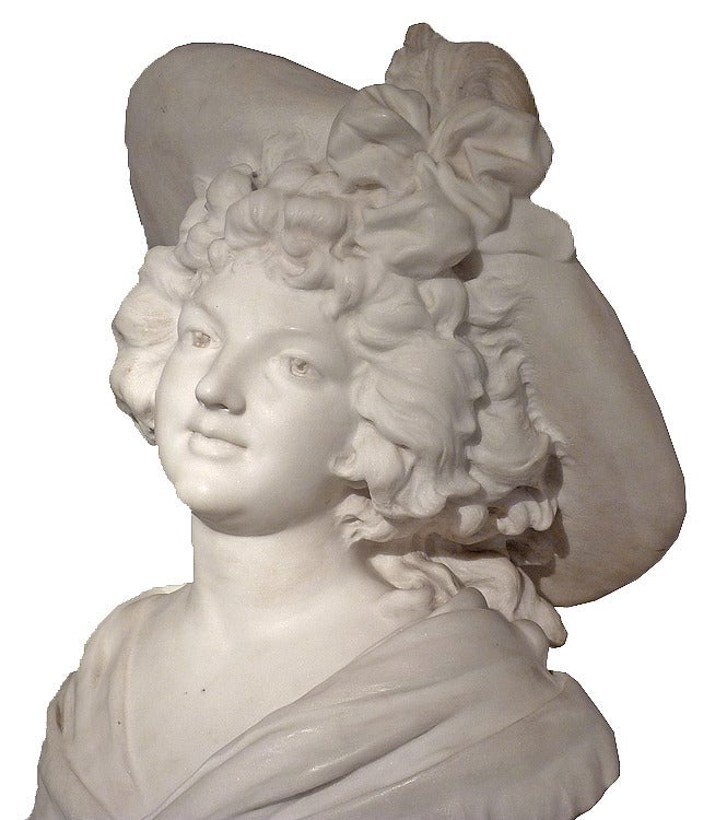 Adrien Étienne Gaudez Figurative Sculpture - Bust of a Woman wearing a Hat. Belle epoque marble sculpture
