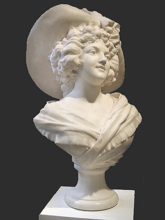 Bust of a Woman wearing a Hat. Belle epoque marble sculpture - Sculpture by Adrien Étienne Gaudez