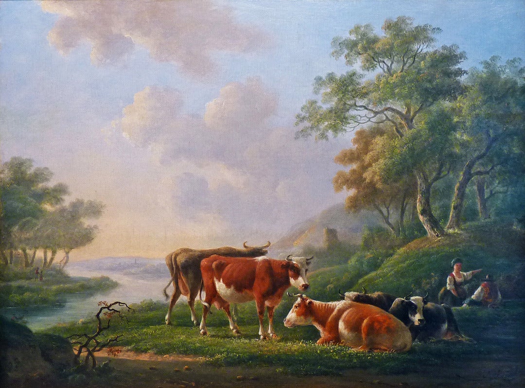 Rural landscape with peasant figures and cattle at a river - Painting by Johannes Bonket