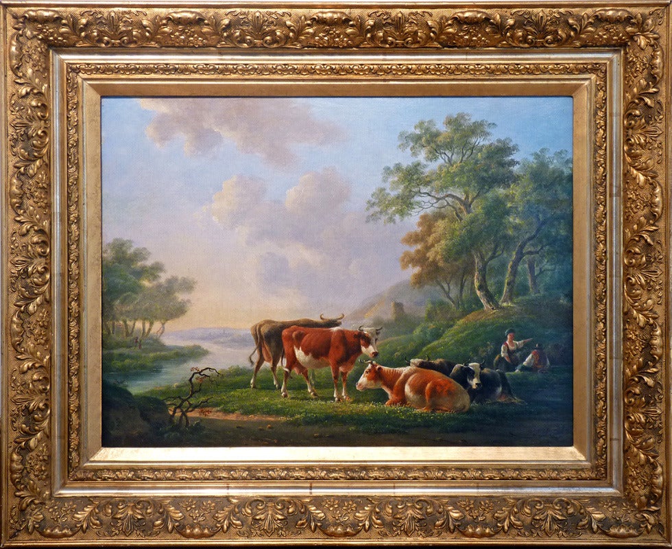 Johannes Bonket Landscape Painting - Rural landscape with peasant figures and cattle at a river