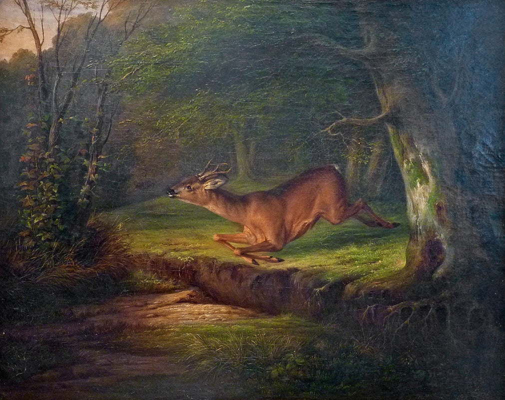 Emil Koller Animal Painting - Jumping roebuck. Oilpainting, exhibited Berlin academy 1846.